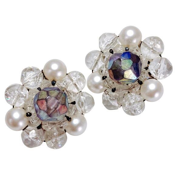 VTG West Germany Mid Century Cocktail Earrings AB Glass Faux Pearl Clip On - Picture 1 of 9